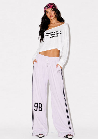 Bxxches With Tattoos Fxxk Better Y2K Off Shoulder Long Sleeve Crop Top Cherrykitten