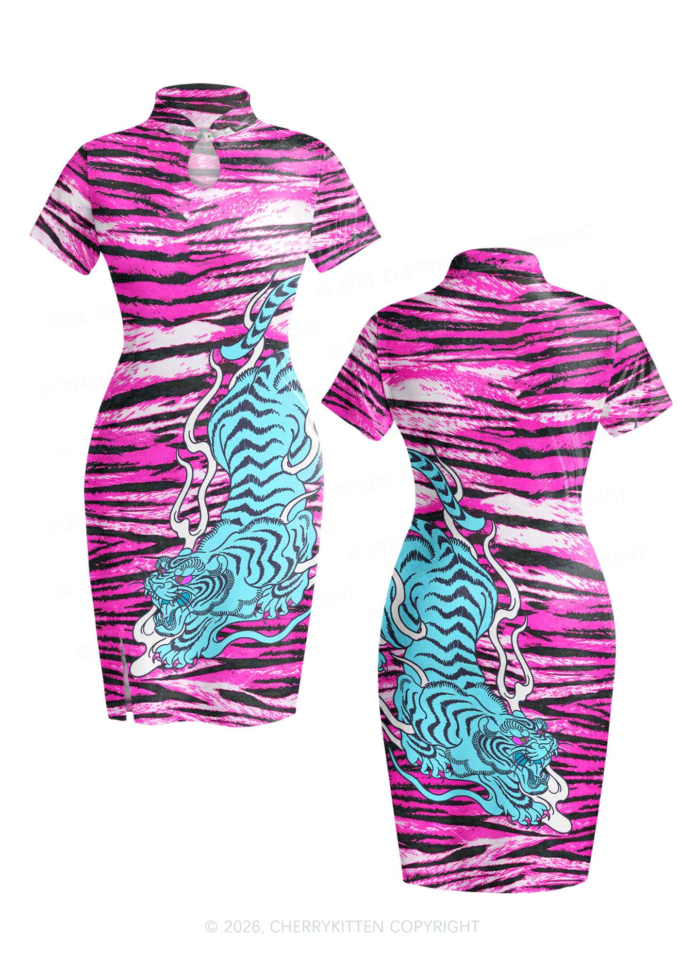 Blue Tiger Pink Zebra Stripe Y2K Cheongsam Mini Dress Cherrykitten