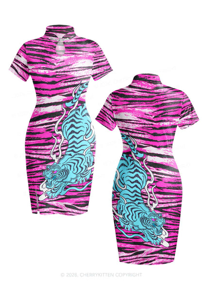 Blue Tiger Pink Zebra Stripe Y2K Cheongsam Mini Dress Cherrykitten