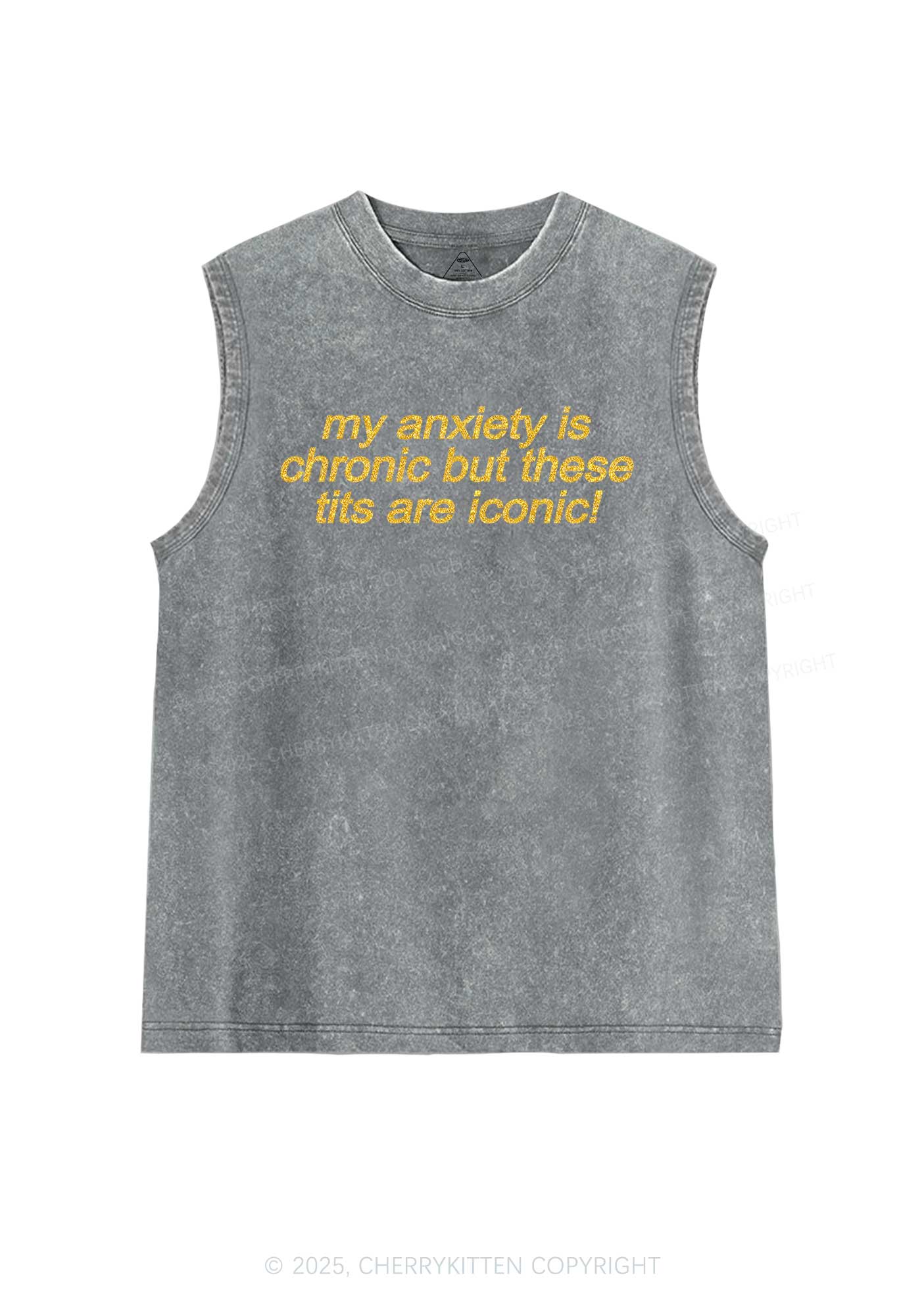 Glitter My Anxiety Is Chronic Y2K Washed Muscle Tank Cherrykitten