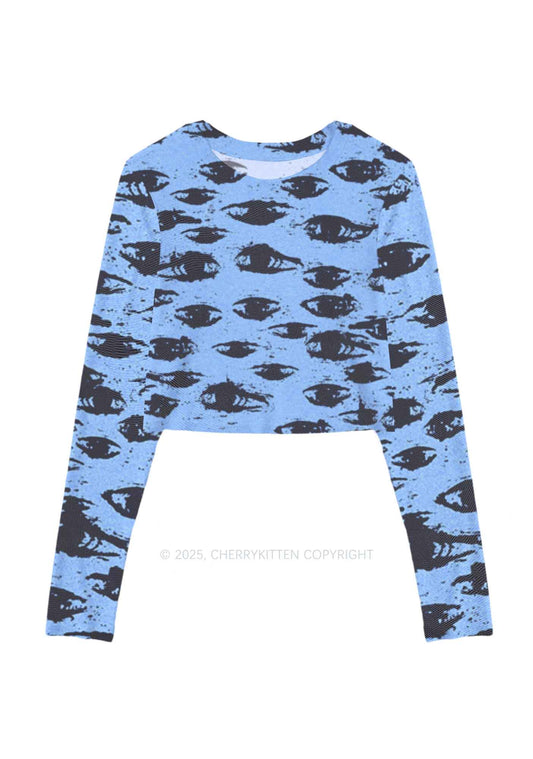 Eyes In The Blue Y2K Mesh Long Sleeve Crop Top Cherrykitten