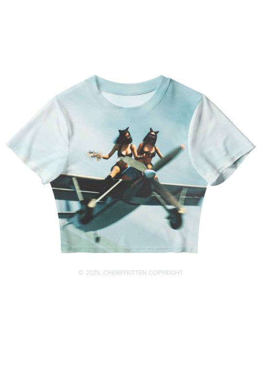Girls Airplane Race Y2K Mesh Crop Top Cherrykitten