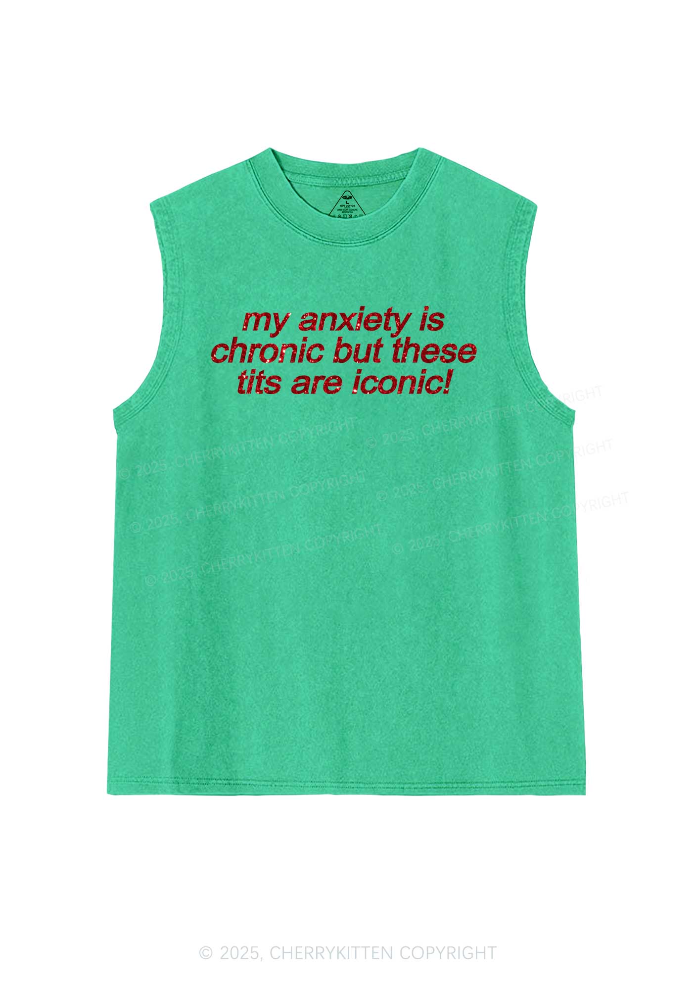 Glitter My Anxiety Is Chronic Y2K Washed Muscle Tank Cherrykitten