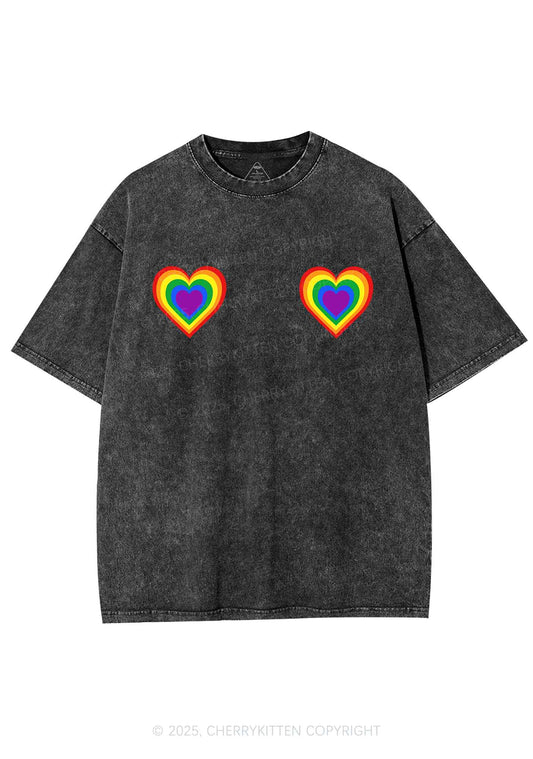 Rainbow Heart Pride Y2K Shirts Washed Tee Cherrykitten