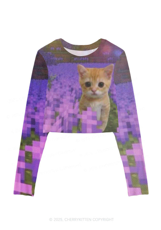 Lavender Kitten Y2K Mesh Long Sleeve Crop Top Cherrykitten