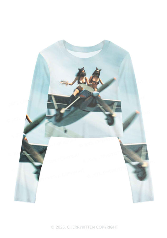 Girls Airplane Race Y2K Mesh Long Sleeve Crop Top Cherrykitten