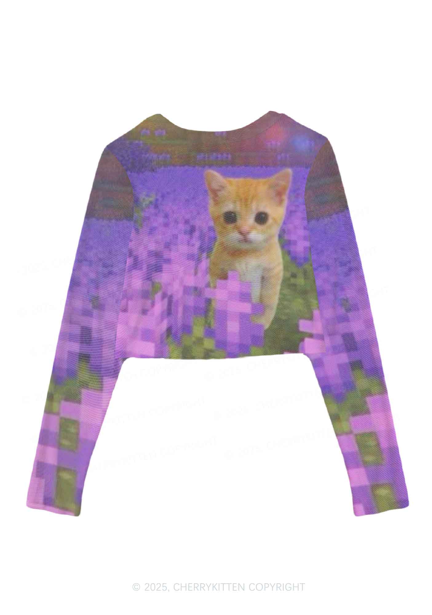 Lavender Kitten Y2K Mesh Long Sleeve Crop Top Cherrykitten