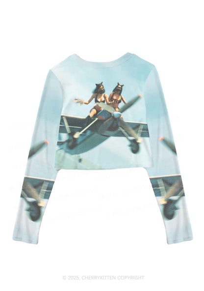 Girls Airplane Race Y2K Mesh Long Sleeve Crop Top Cherrykitten