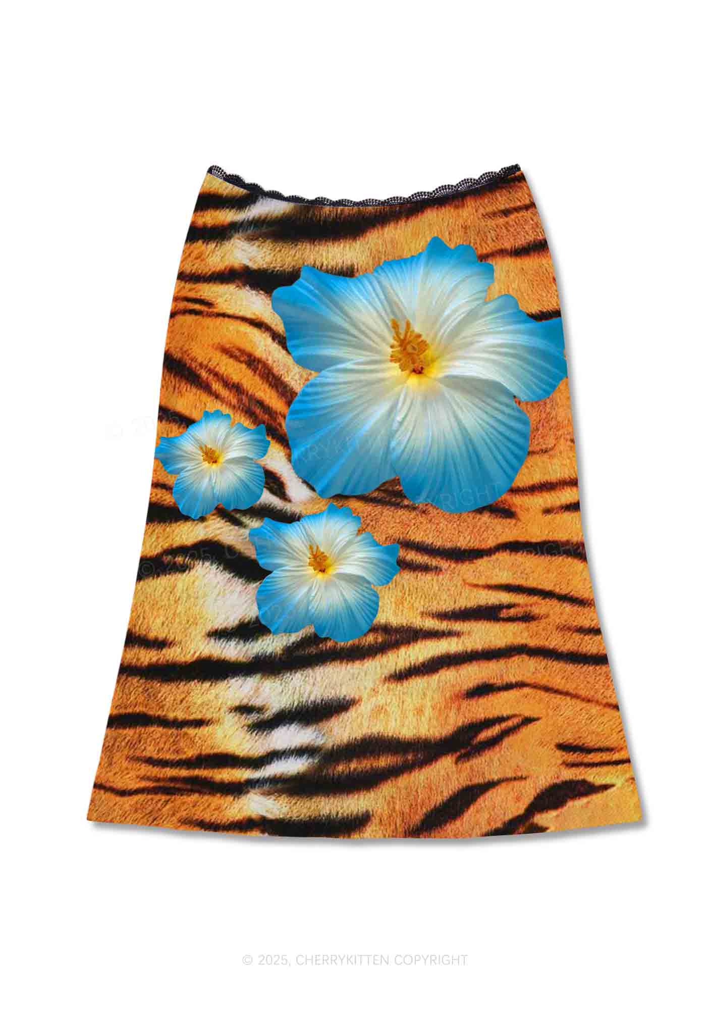 Tiger With Flowers Y2K Print Midi Skirt Cherrykitten