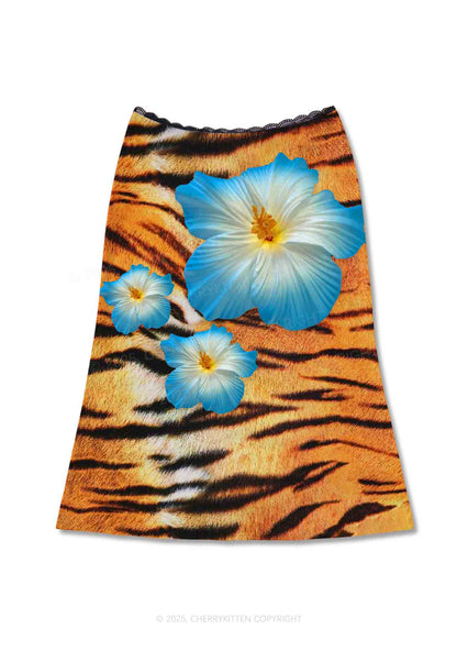 Tiger With Flowers Y2K Print Midi Skirt Cherrykitten
