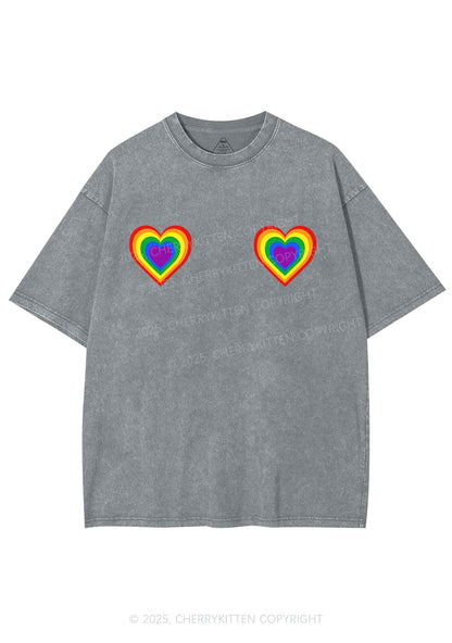 Rainbow Heart Pride Y2K Shirts Washed Tee Cherrykitten