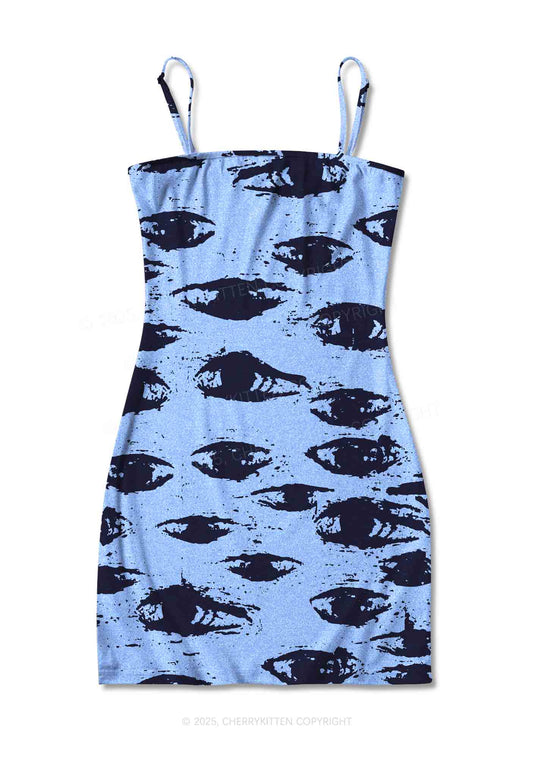 Eyes In The Blue Y2K Print Slip Dress Cherrykitten