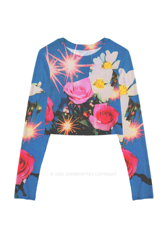 Blooming Flowers Y2K Mesh Long Sleeve Crop Top Cherrykitten
