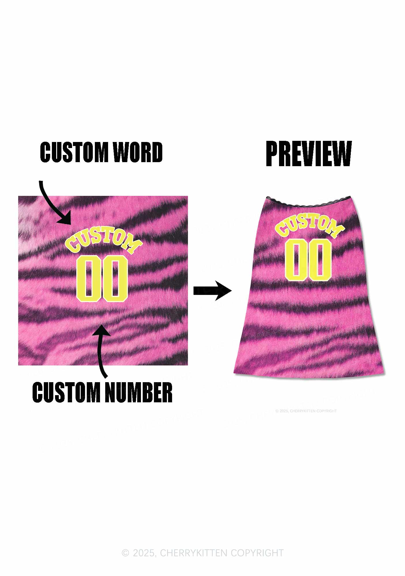 Pink Tiger Stripe Custom Text Y2K Print Midi Skirt Cherrykitten