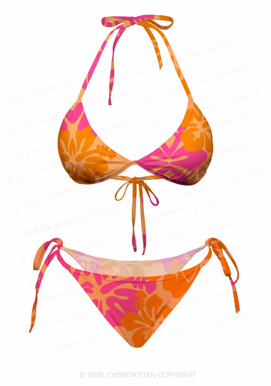 Orange Pink Floral Y2K Print Bikini Set Cherrykitten