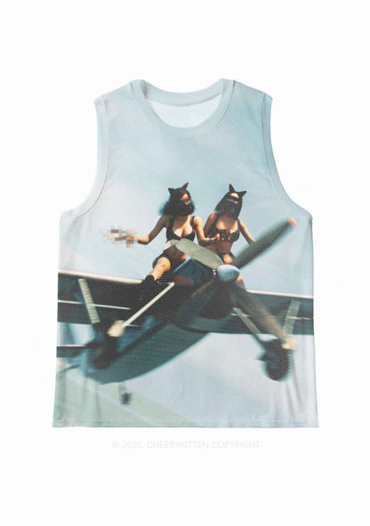 Girls Airplane Race Y2K Mesh Muscle Tank Cherrykitten