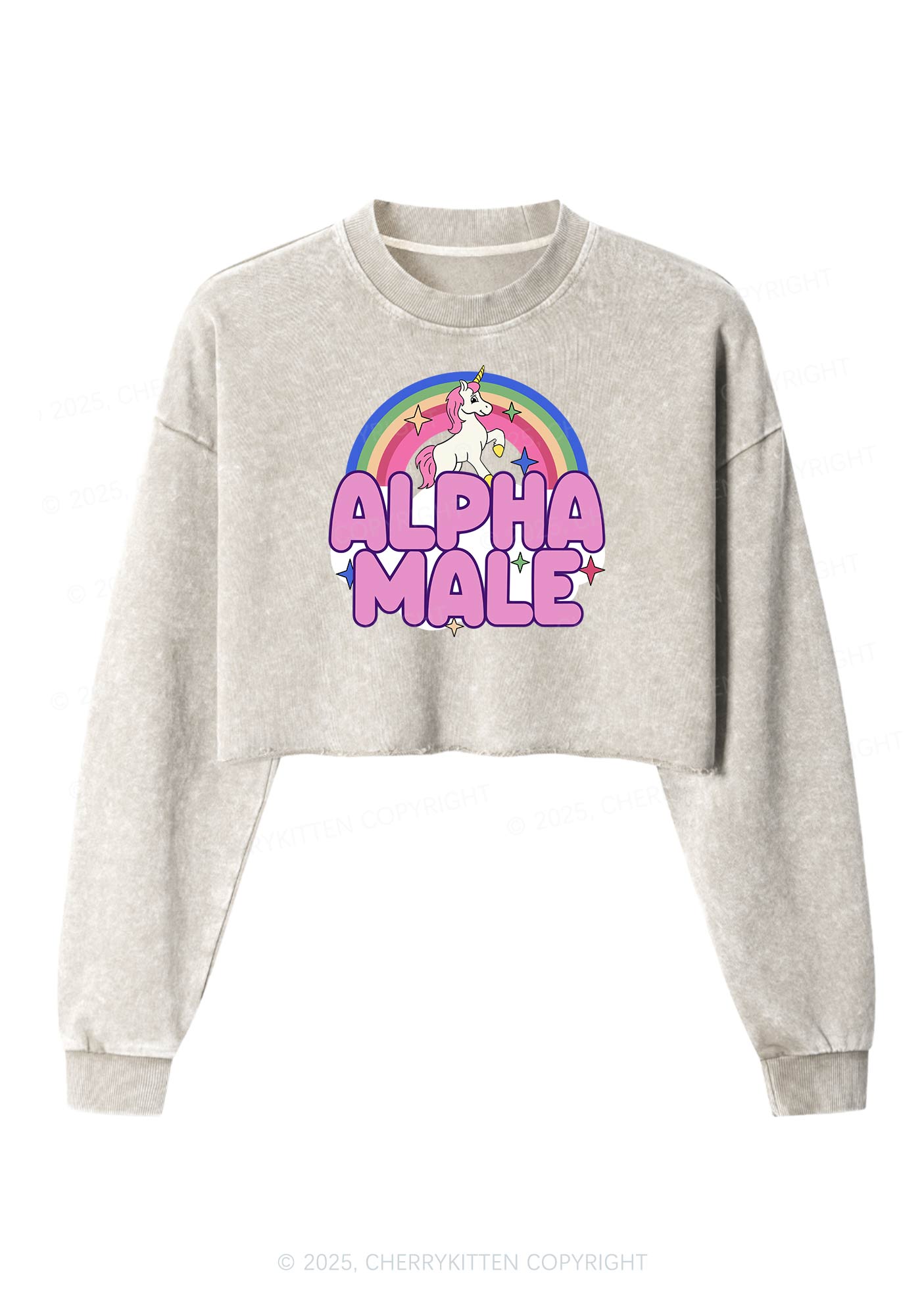 Rainbow Unicorn Alpha Male Y2K Crop Washed Sweatshirts Cherrykitten