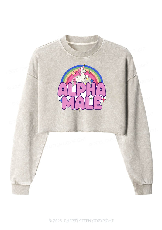 Rainbow Unicorn Alpha Male Y2K Crop Washed Sweatshirts Cherrykitten