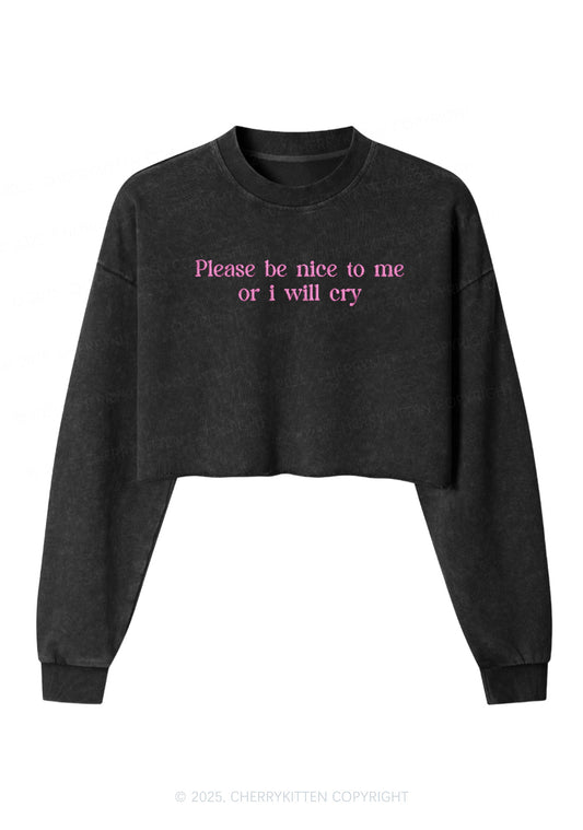 Embroidered Please Be Nice To Me Y2K Crop Washed Sweatshirts Cherrykitten