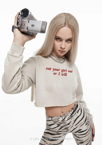 Embroidered Eat Your Girl Out Pride Y2K Crop Washed Sweatshirts Cherrykitten
