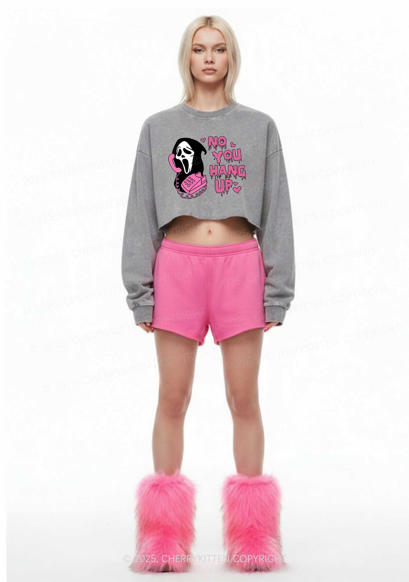 Halloween No You Hang Up Y2K Crop Washed Sweatshirts Cherrykitten