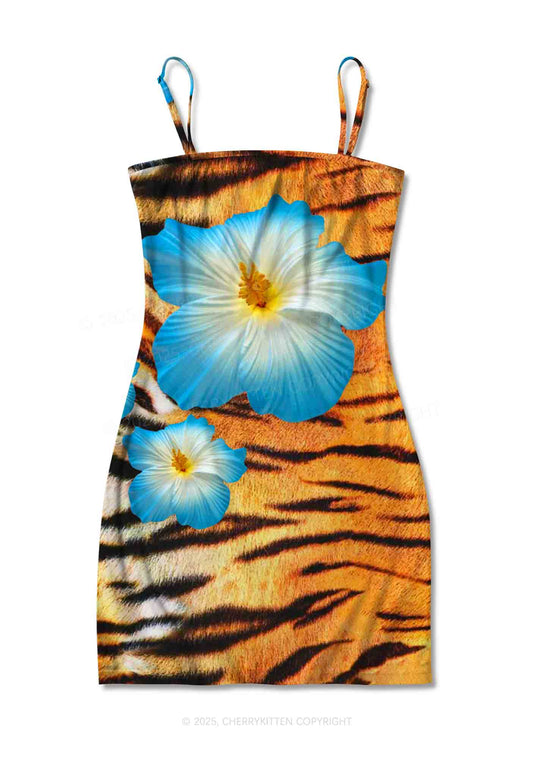Tiger With Flowers Y2K Print Slip Dress Cherrykitten