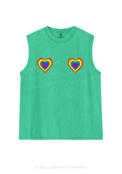 Rainbow Heart Pride Y2K Washed Muscle Tank Cherrykitten