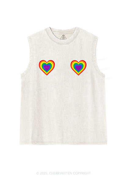 Rainbow Heart Pride Y2K Washed Muscle Tank Cherrykitten