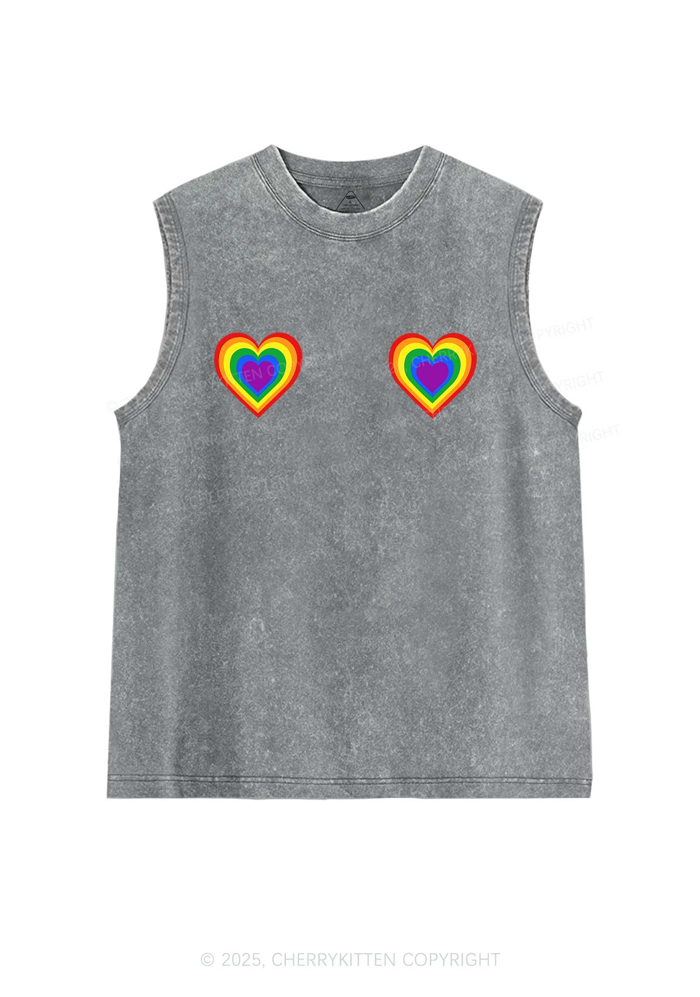 Rainbow Heart Pride Y2K Washed Muscle Tank Cherrykitten