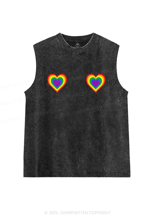 Rainbow Heart Pride Y2K Washed Muscle Tank Cherrykitten