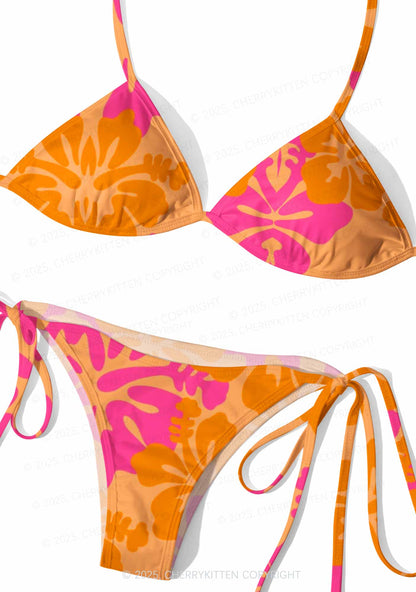 Orange Pink Floral Y2K Print Bikini Set Cherrykitten