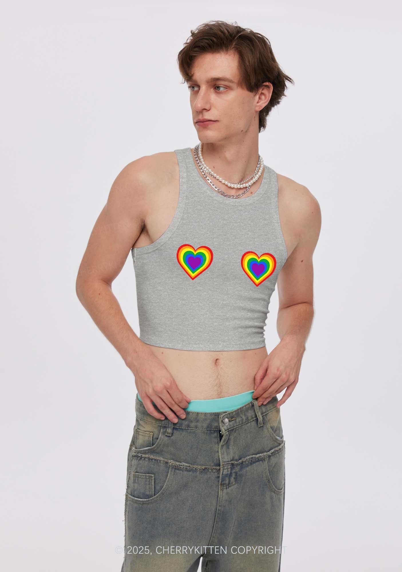 Rainbow Heart Pride Y2K Crop Tank Top Cherrykitten