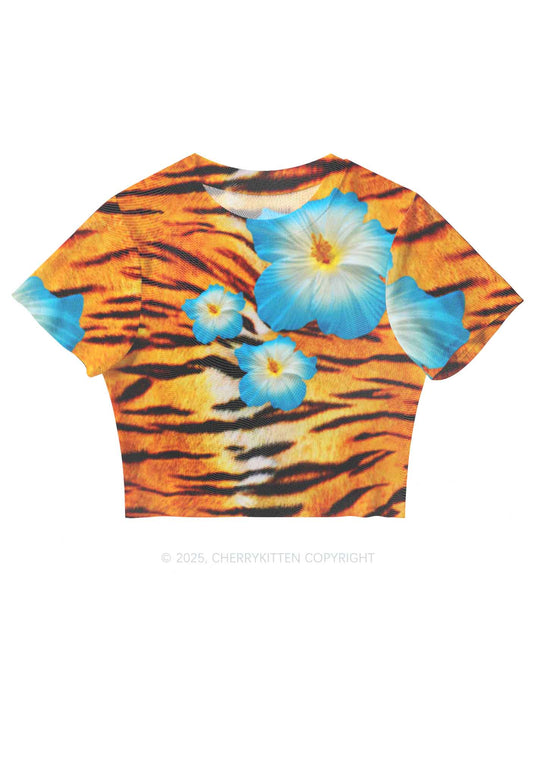 Tiger With Flowers Y2K Mesh Crop Top Cherrykitten