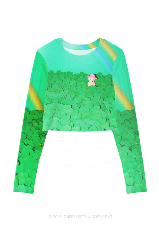 Clover Bear St Patricks Y2K Mesh Long Sleeve Crop Top Cherrykitten