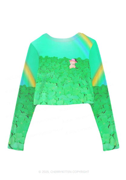 Clover Bear St Patricks Y2K Mesh Long Sleeve Crop Top Cherrykitten