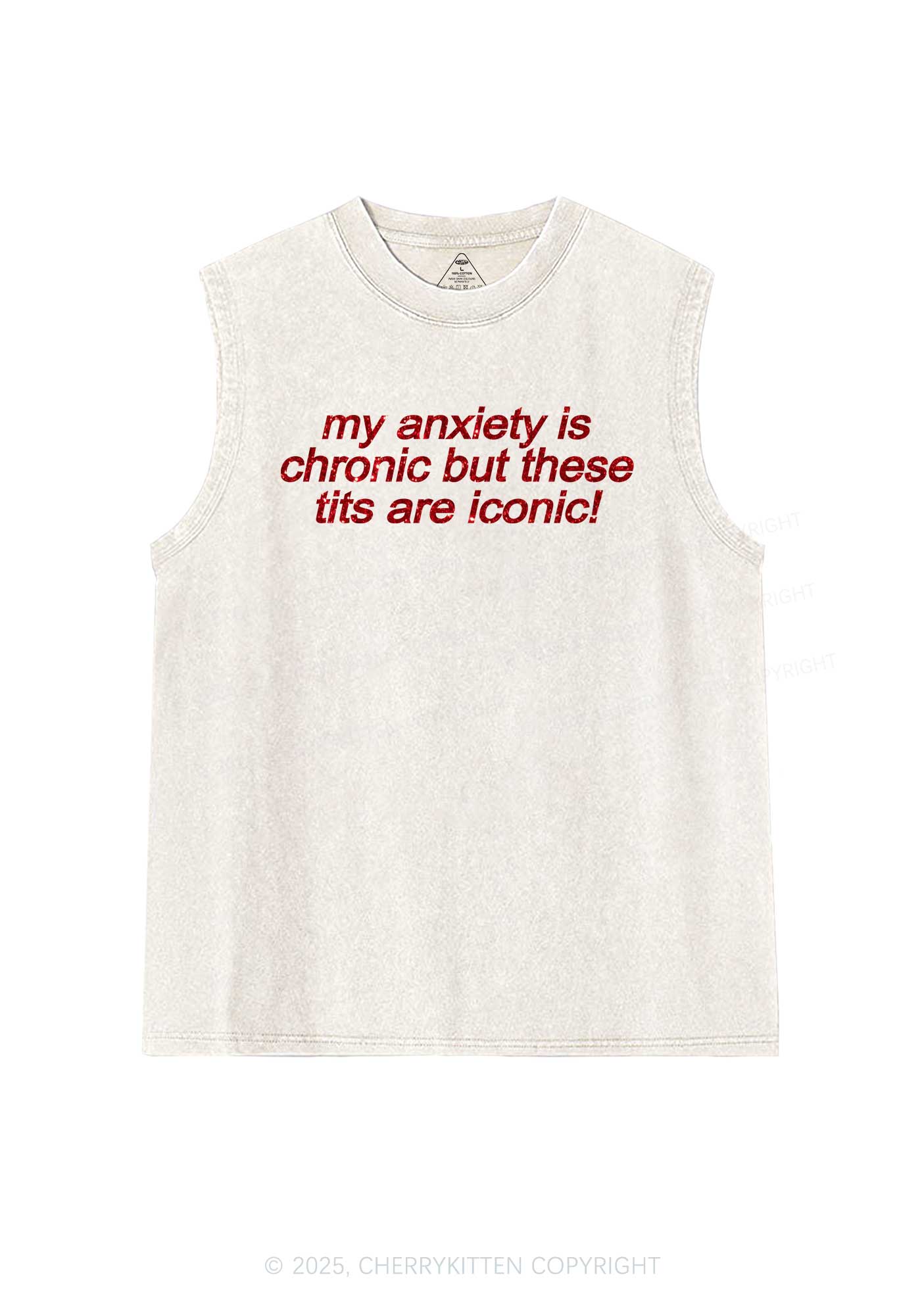 Glitter My Anxiety Is Chronic Y2K Washed Muscle Tank Cherrykitten
