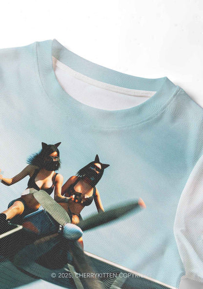 Girls Airplane Race Y2K Mesh Crop Top Cherrykitten