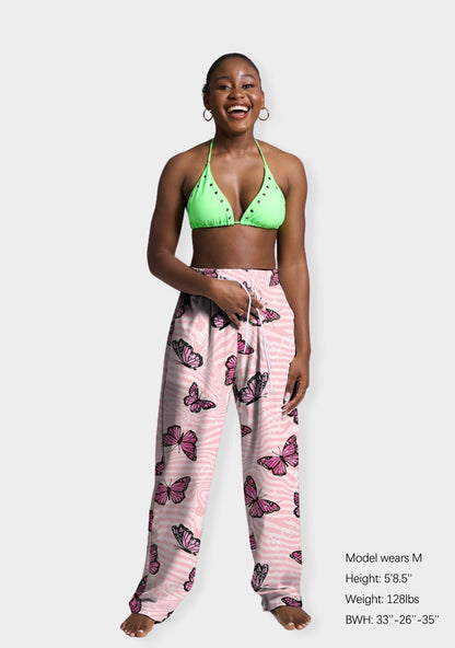 Pink Butterflies Print Casual Pants