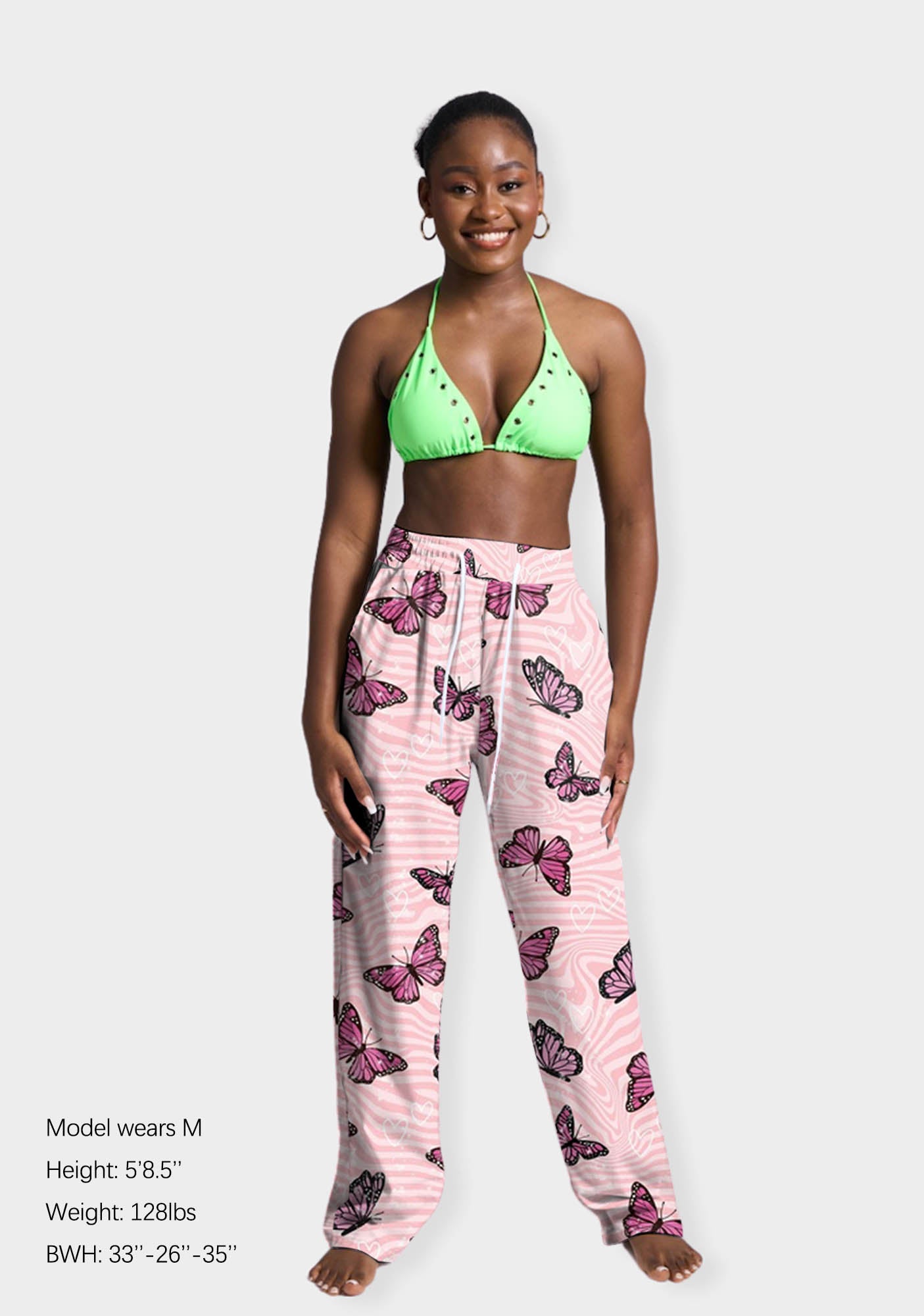 Pink Butterflies Print Casual Pants