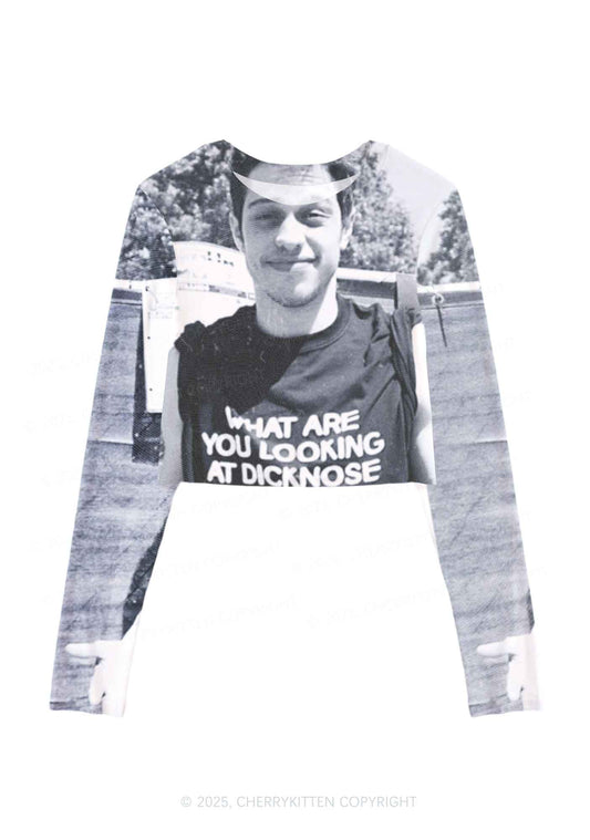 What Are You Looking At Y2K Mesh Long Sleeve Crop Top Cherrykitten