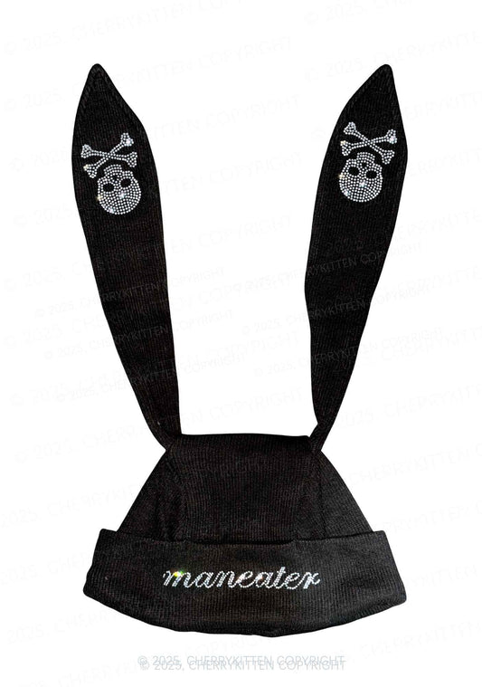 Rhinestone Maneater Skull Y2K Bunny Ear Knitted Hat Cherrykitten