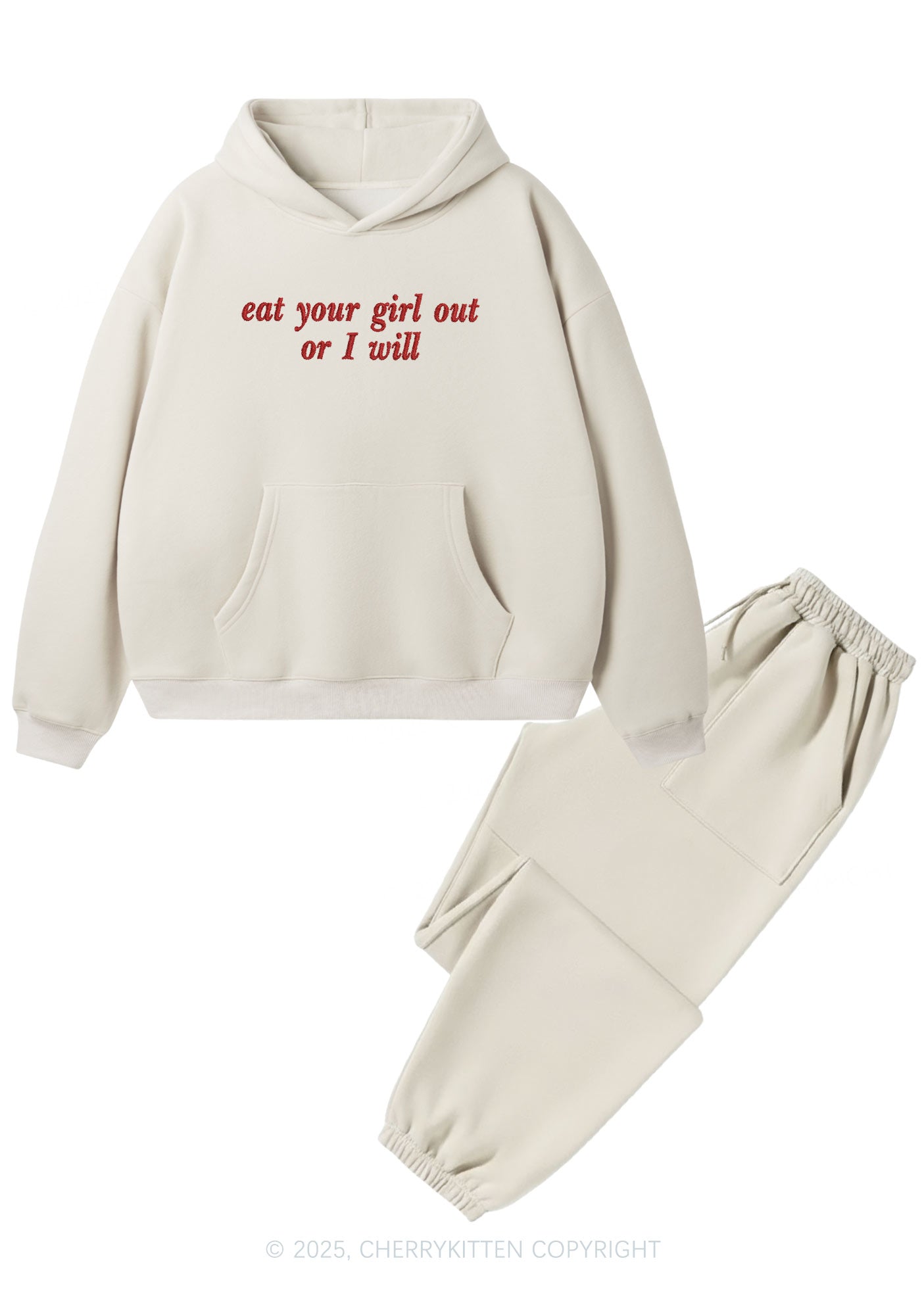 Embroidered Eat Your Girl Out Pride Y2K Fleece Hoodie Set Cherrykitten