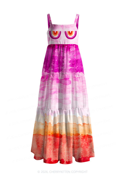 Lesbian Tie Dye Pride Y2K Print Tiered Maxi Dress Cherrykitten