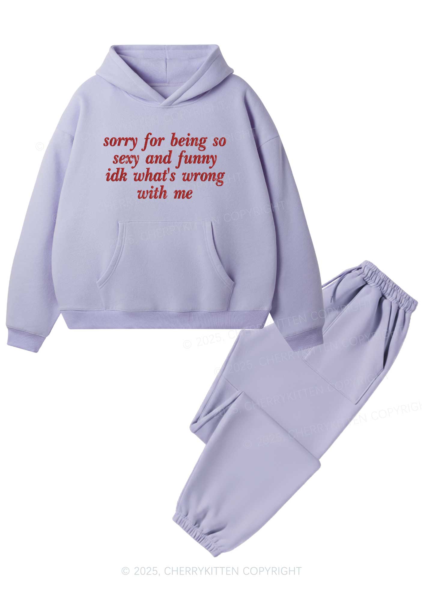 Embroidered Sorry For Being So Funny Y2K Fleece Hoodie Set Cherrykitten