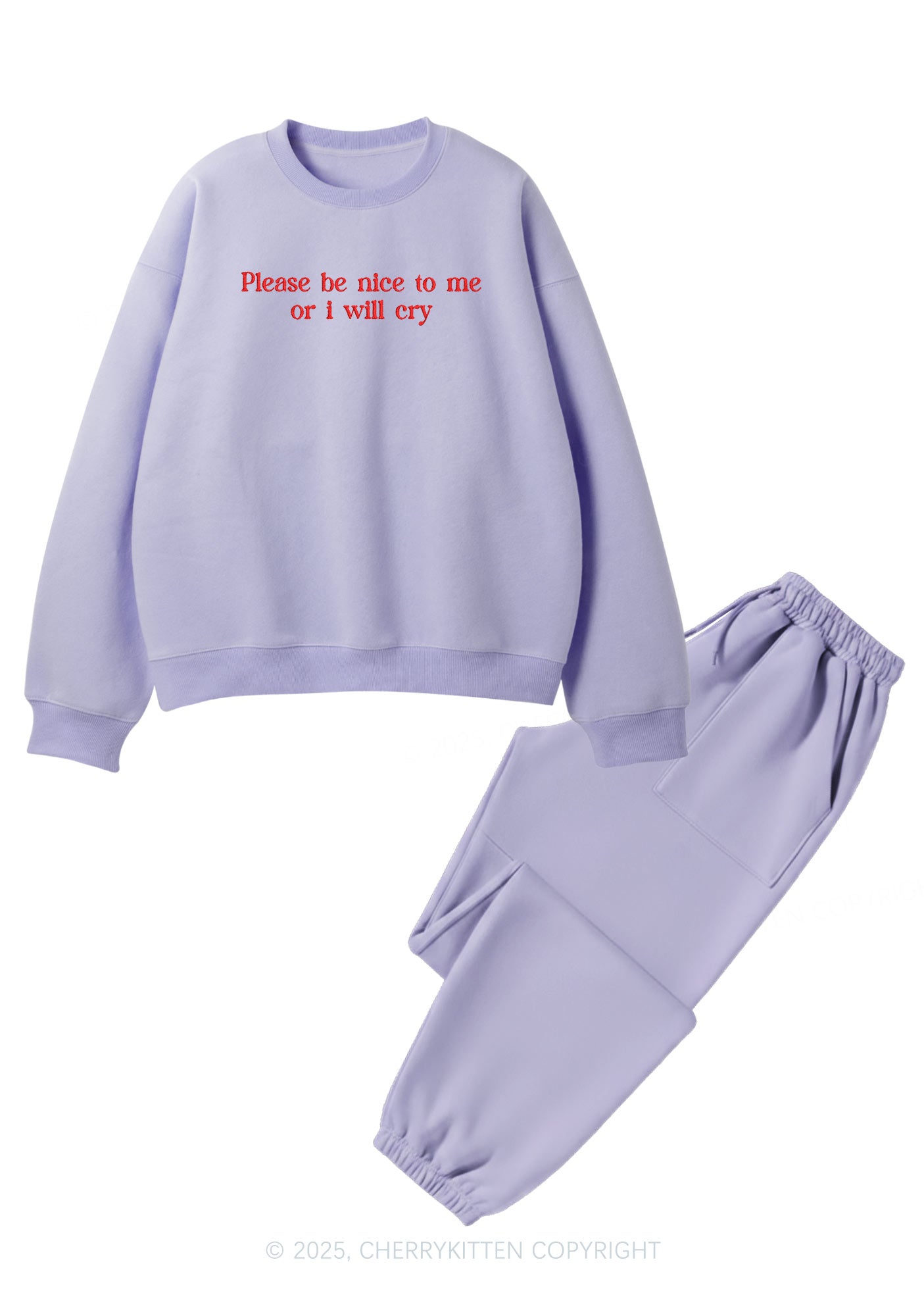 Embroidered Please Be Nice To Me Y2K Fleece Sweatshirts Set Cherrykitten