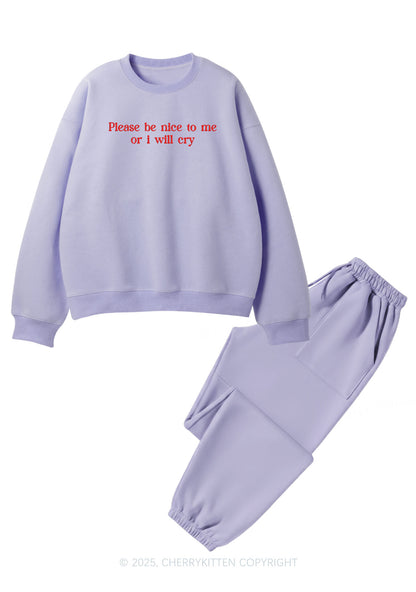 Embroidered Please Be Nice To Me Y2K Fleece Sweatshirts Set Cherrykitten