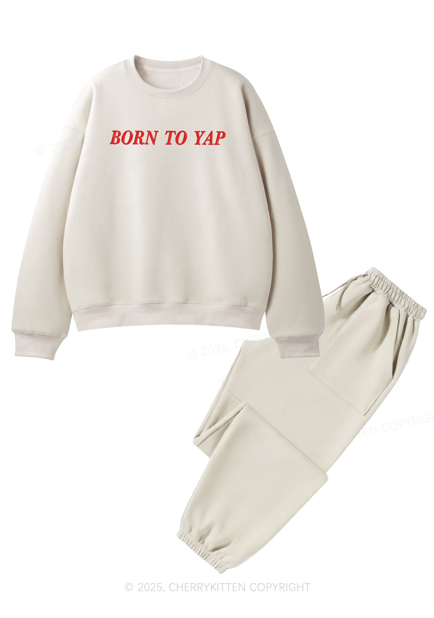 Embroidered Born To Yap Y2K Fleece Sweatshirts Set Cherrykitten