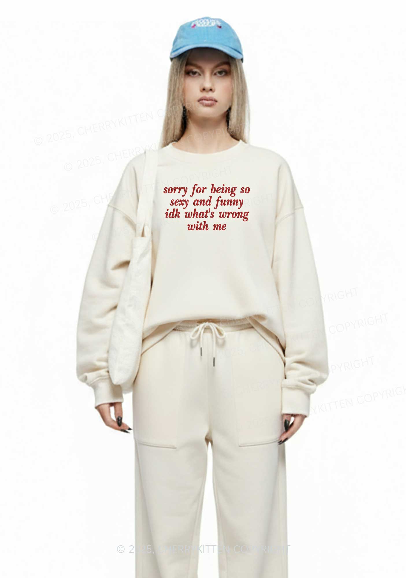 Embroidered Sorry For Being So Funny Y2K Fleece Sweatshirts Set Cherrykitten