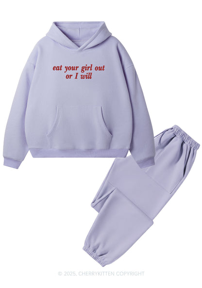 Embroidered Eat Your Girl Out Pride Y2K Fleece Hoodie Set Cherrykitten