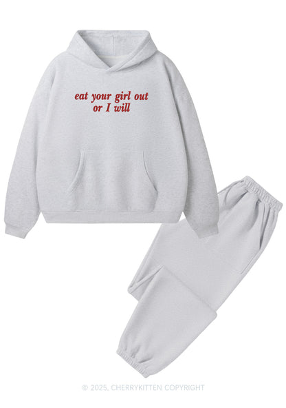 Embroidered Eat Your Girl Out Pride Y2K Fleece Hoodie Set Cherrykitten